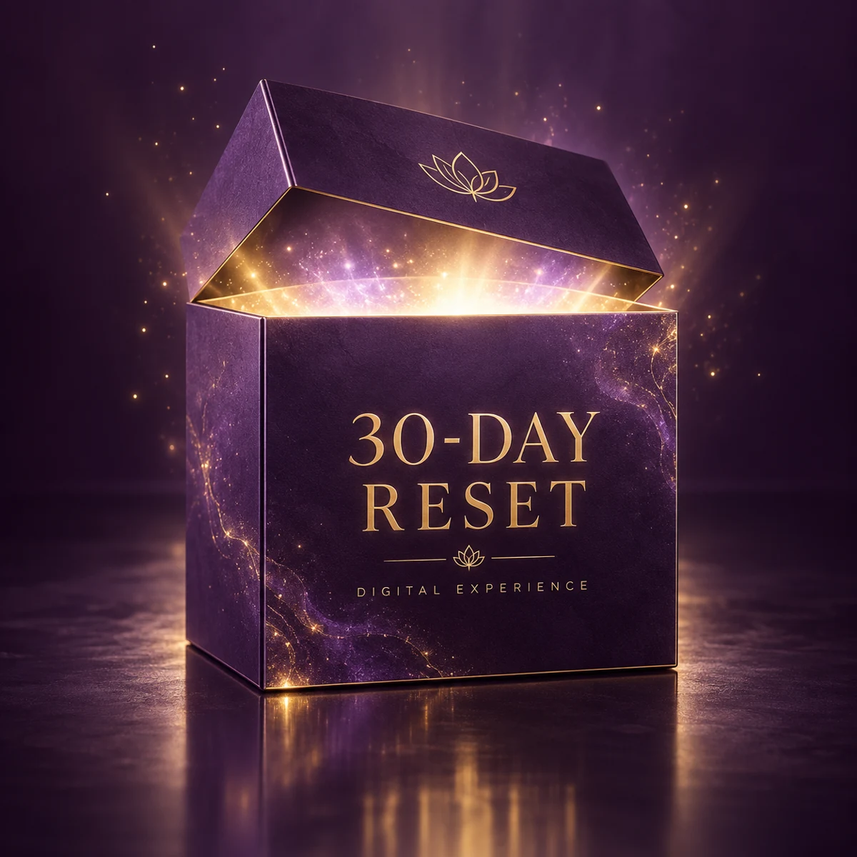 30-Day Reset purple box emitting golden light